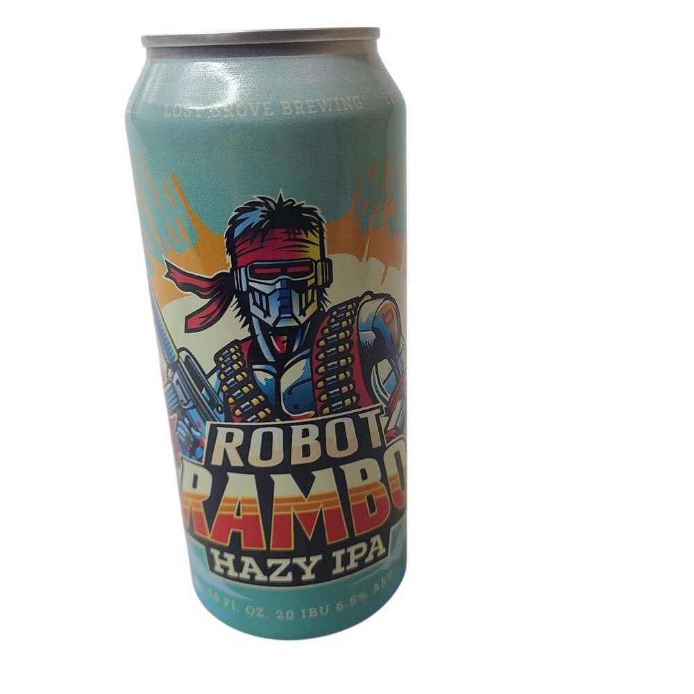 Robot Rambo Hazy IPA Lost Grove Brewing Boise Idaho Empty Beer Can Bottom Opened